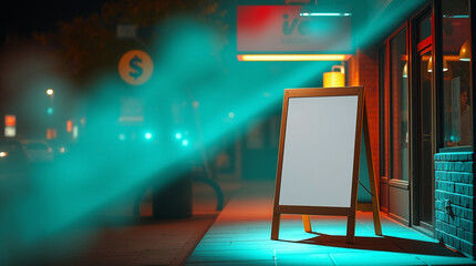  Warm terracotta and cool teal volumetric lighting. Blank white wooden sign mockup on sidewalk outside store,