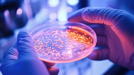 A medium closeup examination of a researchers hands holding a petri dish filled with nanoparticles as they make adjustments under a bright laboratory light emphasizing the delicate