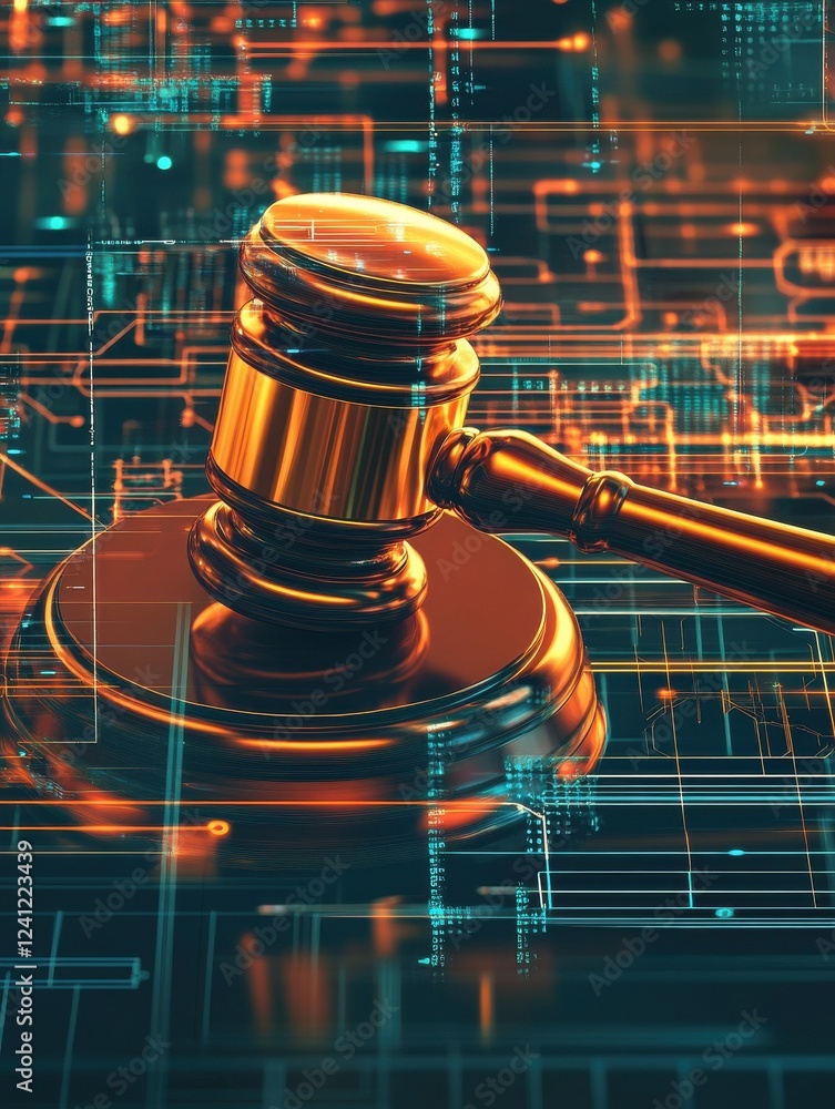 Poster abstract tech background with a judge gavel, blending justice with advanced technology.