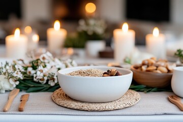An elegant dining scene featuring candles, floral elements, and tasteful tableware, perfect for an intimate gathering or special occasion with fresh touches.