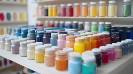 A vibrant arrangement of paint jars with various colors and swatches, showcasing artistic creativity.