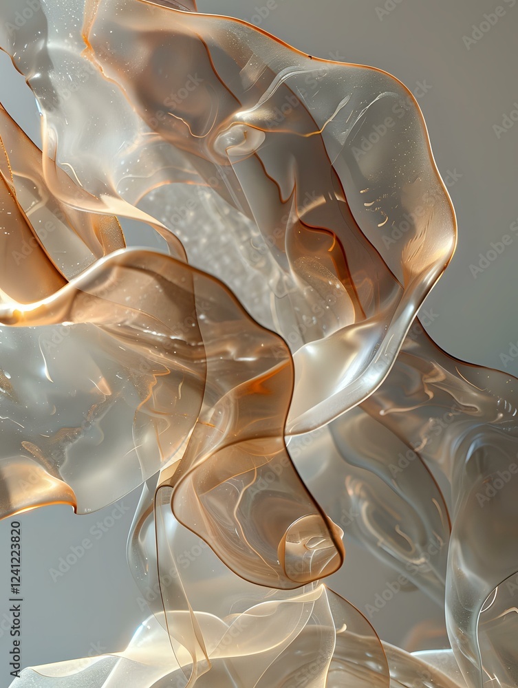 Poster flowing abstract shapes in peach and silver tones create ethereal waves and curves against soft gray