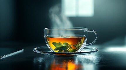 Glass teacup with herbal tea and steam rising