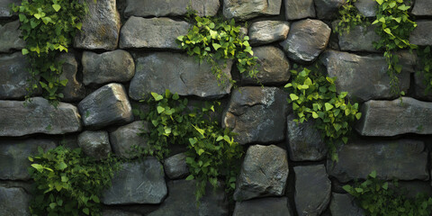 Rustic farm stone wall background with stacked, irregularly shaped rocks and moss details.
