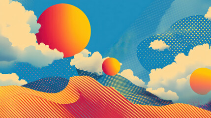 Bright sun and clouds over colorful hills in retro pop art style