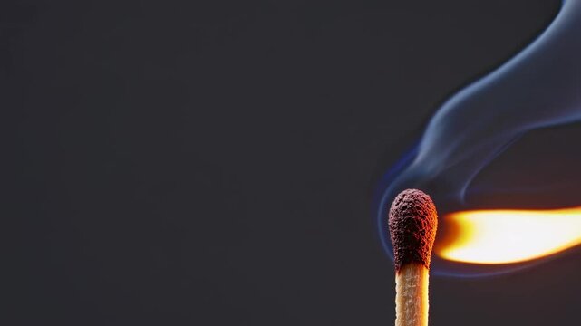 Flame igniting from matchstick creating mesmerizing patterns of smoke in dark background