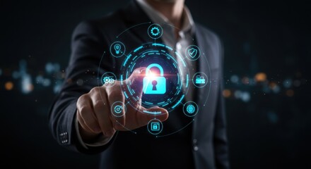 Businessman activates digital security lock on futuristic interface