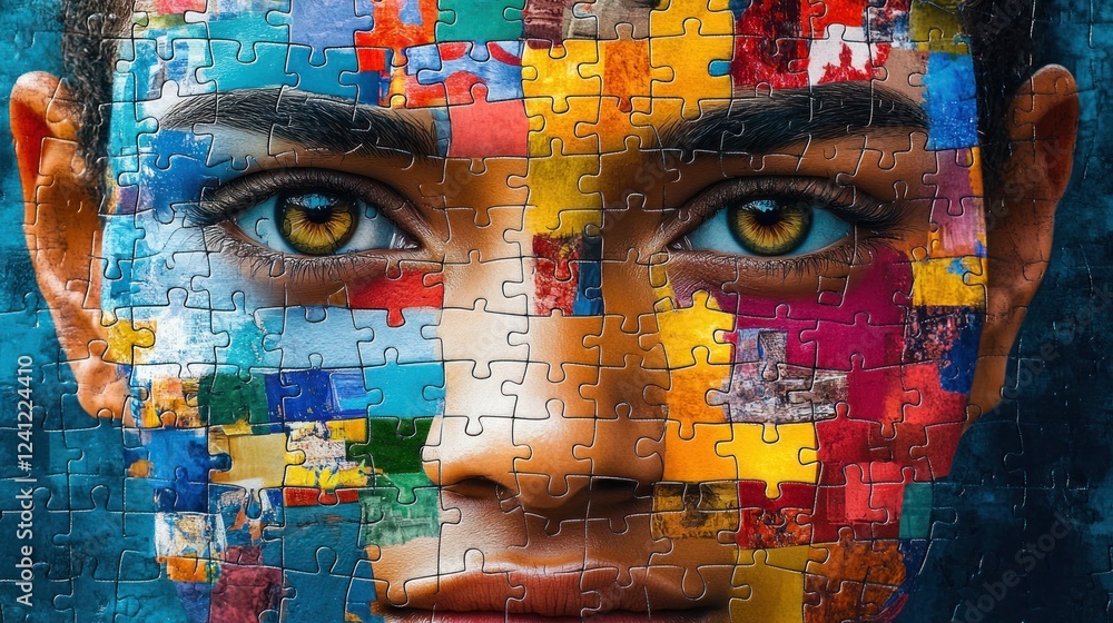 Poster artwork featuring a face composed of colorful puzzle pieces showcasing diversity and unity in art. g
