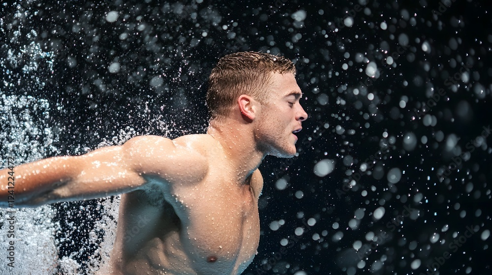 Poster graceful swimmer in mid-dive captured from the side with trailing water droplets