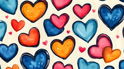 Obraz premium Colorful hearts pattern in watercolor style with blue, orange, pink and red love symbols on light background. Romantic seamless design for Valentine's Day cards.