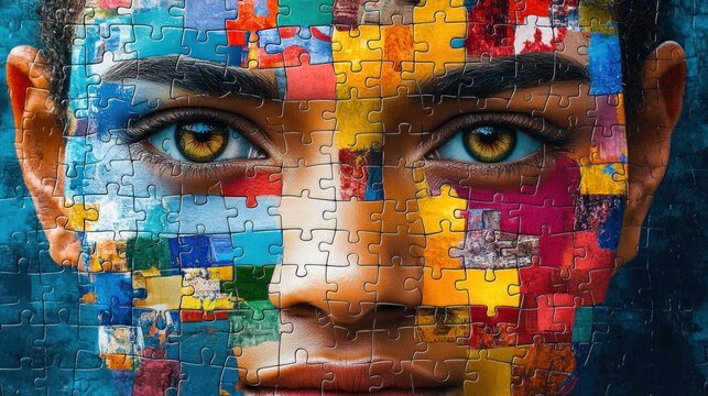 Artwork featuring a face composed of colorful puzzle pieces showcasing diversity and unity in art. Generative AI