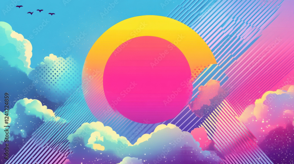 Wall mural vibrant retro design with colorful clouds and large circular shape