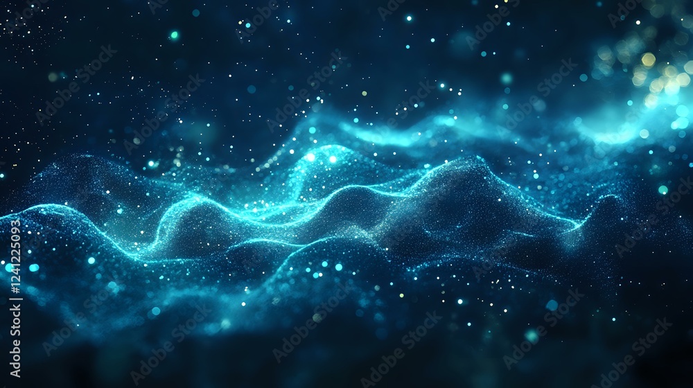 Poster glowing blue wave of energy flows through starry space, creating dynamic motion effect with luminous
