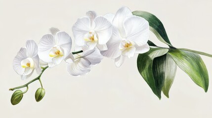 Obraz premium Watercolor painting of a white orchid branch with green leaves