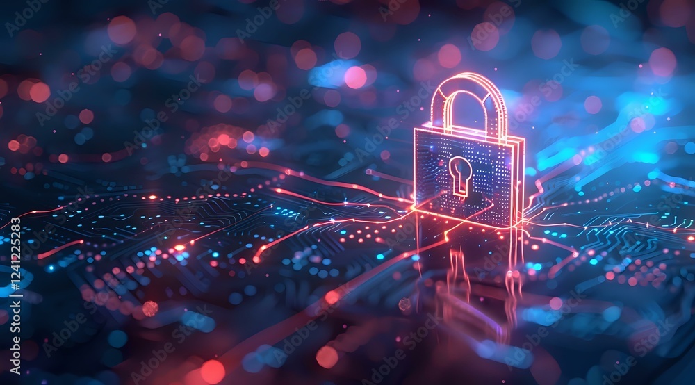 Poster glowing padlock icon on digital circuit background with neon pink and blue lights, representing cybe
