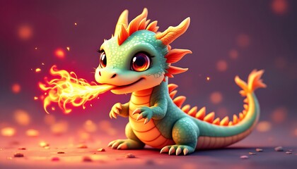 Obraz premium Adorable Baby Dragon Breathing Fire Cute Fantasy Art