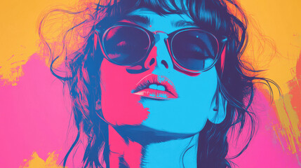 Vibrant pop art portrait of woman with sunglasses and colorful background
