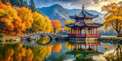Fototapeta premium Tranquil Chinese Lake: Maple, Ginkgo, Pagoda & Bridge Reflection - Autumn Landscape Stock Photo