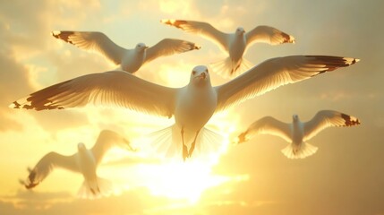 Seagulls flying against a vibrant sunset while searching for food over the ocean. Generative AI