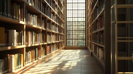 Sunlight streaming through a large window casts shadows on the floor of a quiet library aisle