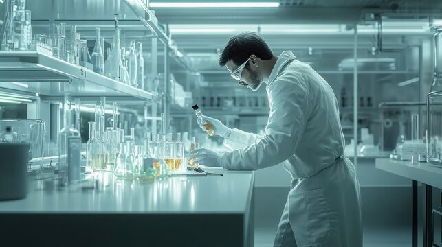 Researcher conducts experiments in a modern laboratory filled with glassware and equipment. Generative AI