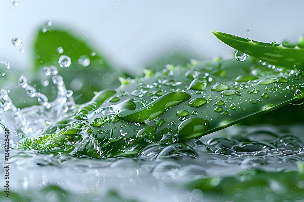 Poster fresh green leaves with water drops and splashing motion captured in macro photography, creating dyn