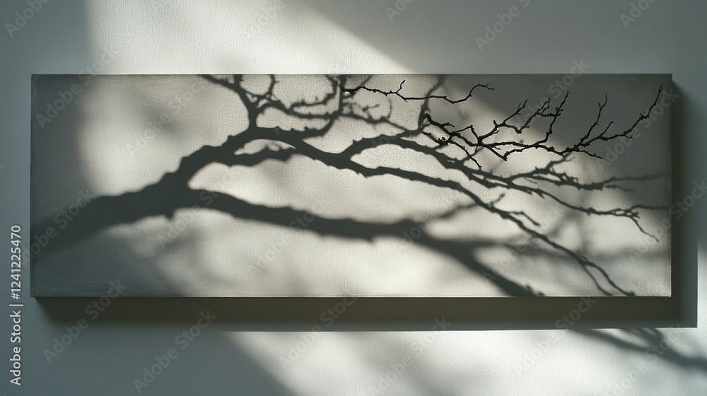Poster artistic display of a branch shadow on a textured wall in a bright interior space during the day. ge