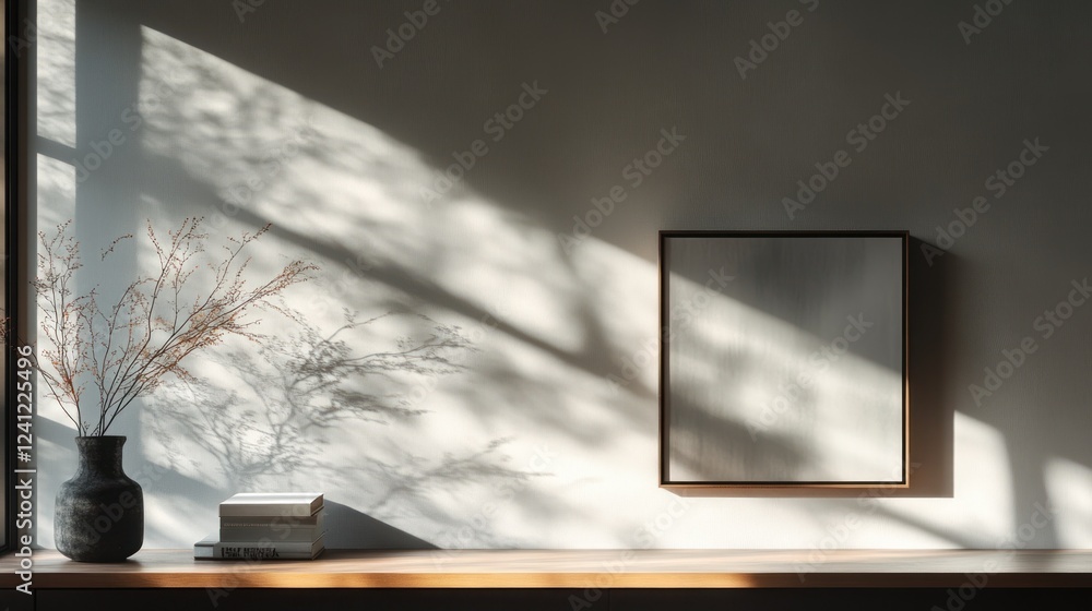 Aufkleber natural light casts delicate shadows on a minimalist interior with a vase and an empty frame. genera