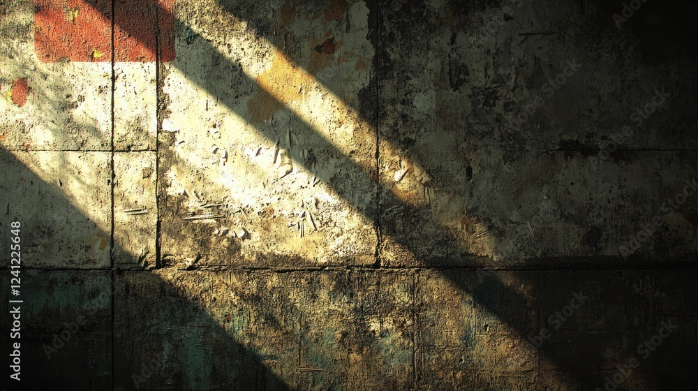 Poster sunlight casts long shadows on the textured weathered wall in an urban setting during late afternoon