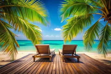 Fototapeta premium Tropical Beach Paradise: Two Loungers on Wooden Deck Overlooking Pristine Ocean with Palm Trees
