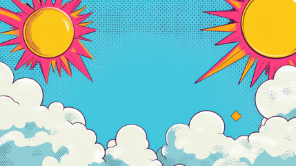 Bright sunny sky with clouds and retro pop art style