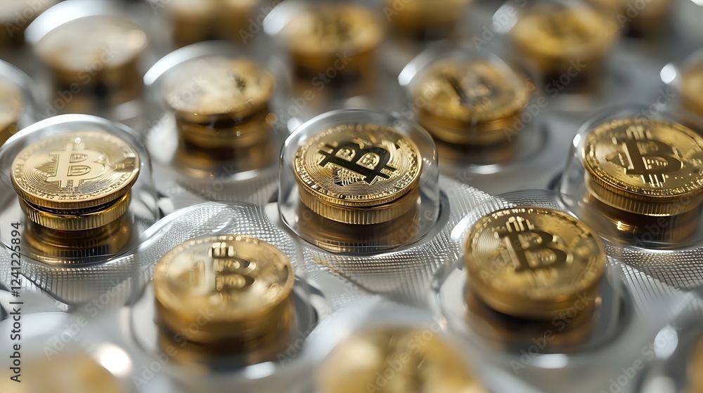 Poster golden cryptocurrency coins arranged in rows with selective focus, showing digital currency investme
