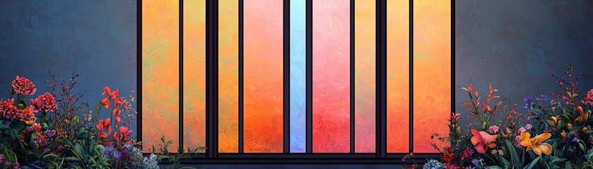 Fototapeta premium Colorful stained glass with vibrant flower border.