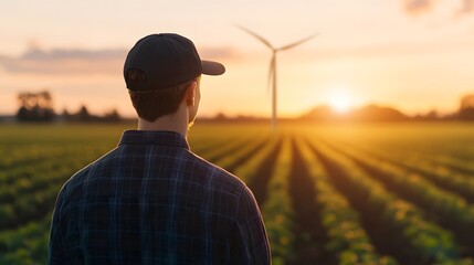 Farmer Standing in Field Interacting with Hologram of Wind Turbine,Symbolizing Future Energy