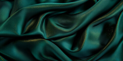 Obraz premium Deep emerald green silk fabric with soft folds, golden sparkles, and a refined glossy sheen, creating a sense of elegance and exclusivity