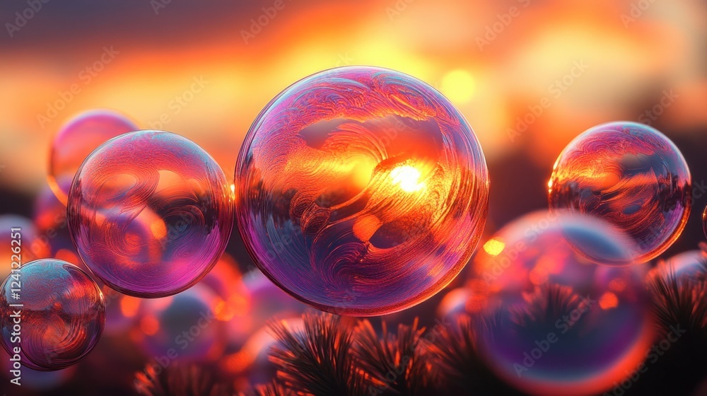 Poster colorful bubbles float against a sunset backdrop creating a magical atmosphere in a serene outdoor s