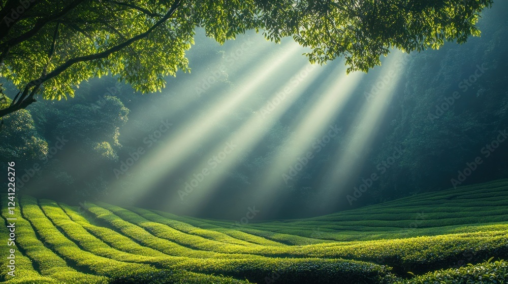 Poster sunlight streams through trees over lush green tea fields in a serene landscape. generative ai