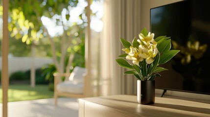 Modern living room with smart home technology daylit setting relaxed viewpoint sleek design