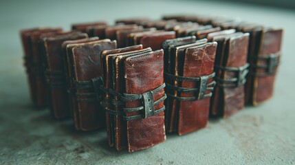 Stacked antique leather-bound books on a table