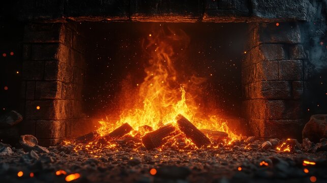 A crackling fire in a fireplace with vibrant orange flames and glowing embers, with smoke gently rising.
