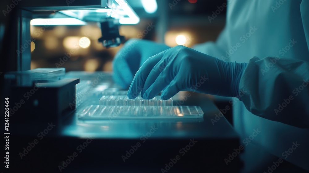 Poster a scientists hands clad in light blue gloves carefully placing a microplate filled with samples unde