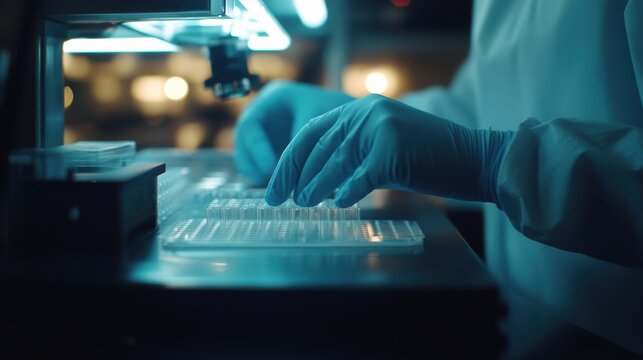 A scientists hands clad in light blue gloves carefully placing a microplate filled with samples under a bright wellplate reader emphasizing the technical precision involved in testing