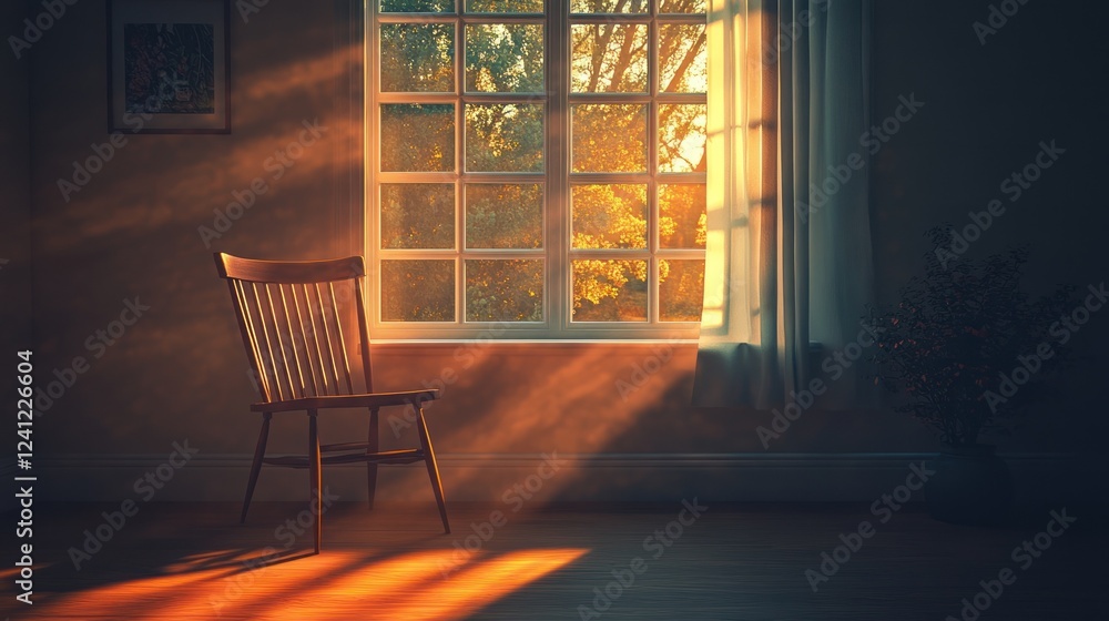 Aufkleber sunlight streams through a window illuminating an empty chair in a cozy room at golden hour. generat
