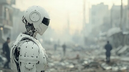 Robotic Reporter Covers Glowing Disaster Recovery Efforts in Urban Landscapes with Futuristic Insights