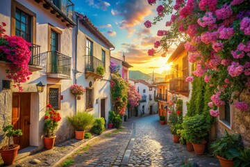 Fototapeta premium Spring in a Charming Spanish Village: Impressionist Oil Painting with Bokeh