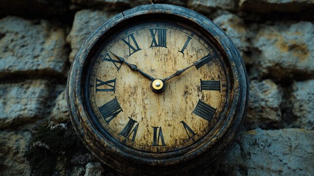 Timeworn clock mounted on a weathered stone wall displaying Roman numerals at dusk. Generative AI