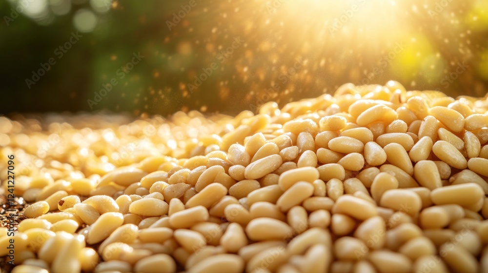 Poster pine nuts scattered on the ground at sunset with sparkling sunlight illuminating the scene. generati