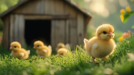 Yellow chicks exploring grass near a rustic barn in soft morning light on a peaceful farm. Generative AI