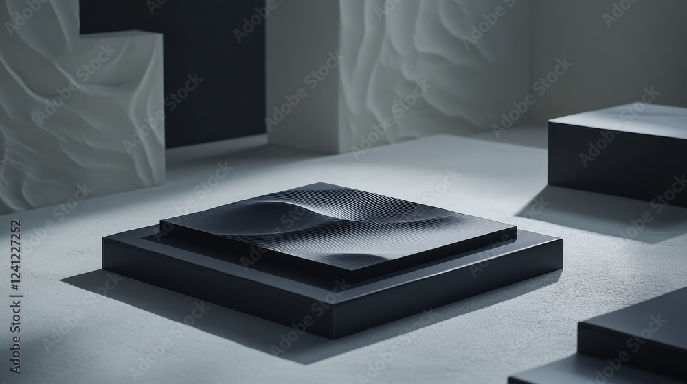 Poster abstract sculpture with waves on minimalistic display surface