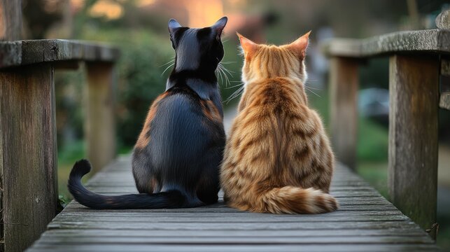 Two cats relax together on a wooden bridge at sunset in a peaceful outdoor setting. Generative AI